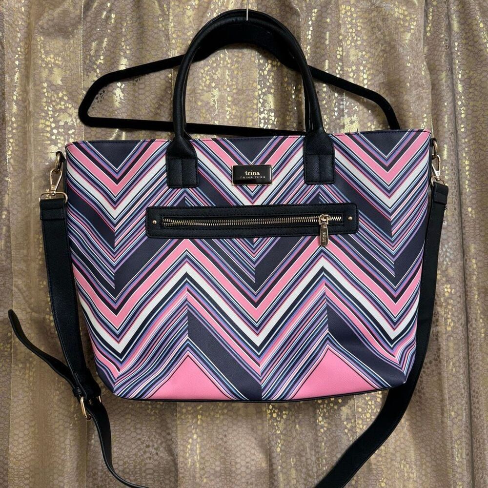 Trina Turk Pink Purple Black Chevron Print Tote Bag Large Purse EUC